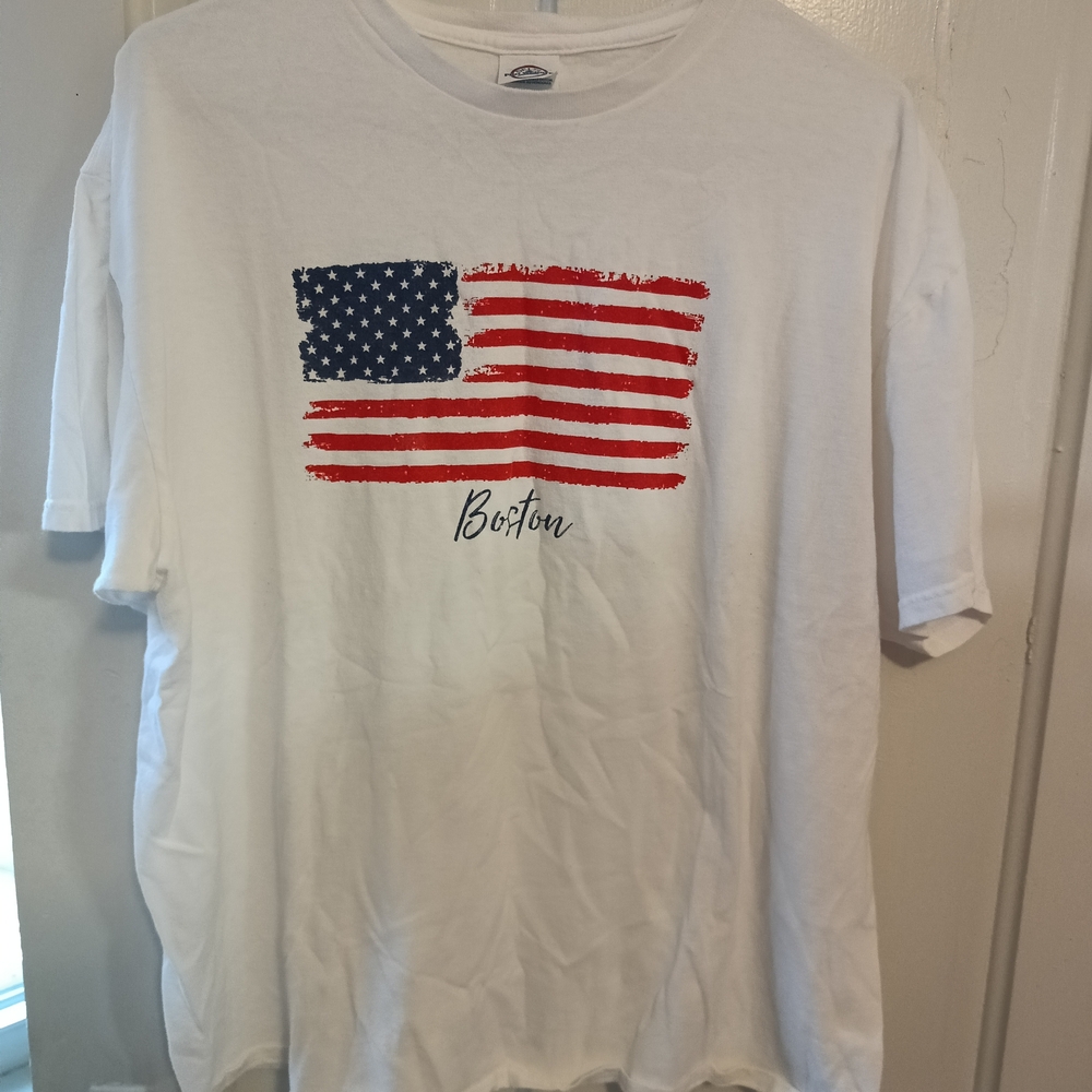 Delta White Tee with American Flag and Boston Print